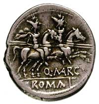 Q. Marcius Libo 148 pne, denar, Aw: Głowa Romy w