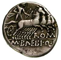 M. Baebius Q.f. Tampilus 137 pne, denar, Aw: Głowa Romy w hełmie, za głową napis TAMPIL, pod brodą..