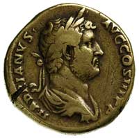 Hadrian 117-138, sestercja, Aw: Popiersie w prawo, Rw: Hadrian ściskający rękę Fortuny, RIC 761, ł..