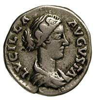 Lucilla - córka Marka Aureliusza, denar, Aw: Popiersie w prawo, Rw: Siedząca Fecunditas z dwójką d..