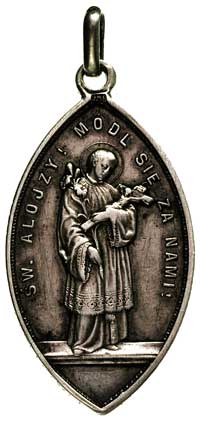 medalik religijny z uszkiem, Aw: Stojąca Matka Boska, w otoku napis O MARYO BEZ GRZECHU POCZĘTA, M..