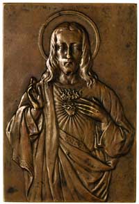 Serce Chrystusa, plakieta niesygnowana, wykonana przez Stefana Rufina Kożbielewskiego, 1926 r, brą..