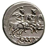 anonim po 211 pne, denar, Rzym, Aw: Głowa Romy w hełmie w prawo, za głową X, Rw: Dioskurowie w pra..