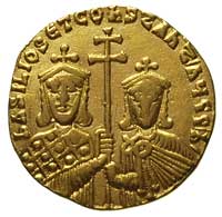 Bazyli I 867-886 z Konstantynem, solidus 868/879, Konstantynopol, Aw: Chrystus na tronie na wprost..