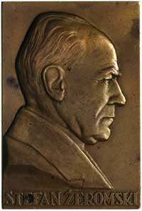 Stefan Żeromski, plakieta mennicy warszawskiej sygnowana J. AVMILLER, 1926, brąz 91x61 mm, Strzałk..