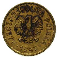 1 złoty 1949, na rewersie wklęsły napis PRÓBA, Parchimowicz P215.b, mosiądz, wybito 100 sztuk, na ..
