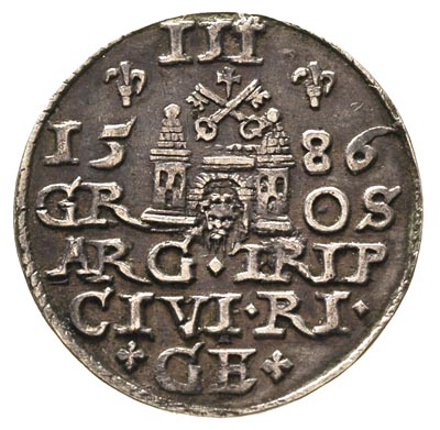 trojak 1586, Ryga, odmiana z małą głową króla, Gerbaszewski 17, ładny egzemplarz, ciemna patyna