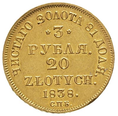 3 ruble = 20 złotych 1838, Petersburg, Plage 307, Bitkin 1079 R, Fr. 111, złoto 3.93 g, minimalne ryski, bardzo ładne lustro mennicze