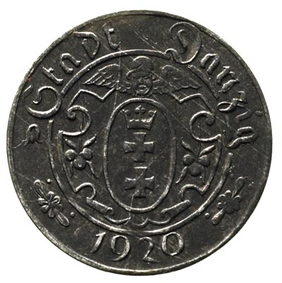 10 fenigów 1920, Gdańsk, na rewersie mała cyfra 10, odmiana z 57 perełkami, Parchimowicz 51, bardzo ładne