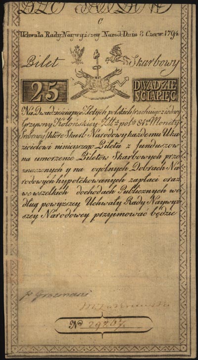 25 złotych 8.06.1794, seria C, Miłczak A3, Lucow 26 R1, dwie małe podlepki na stronie odwrotnej, ale bardzo ładnie zachowane