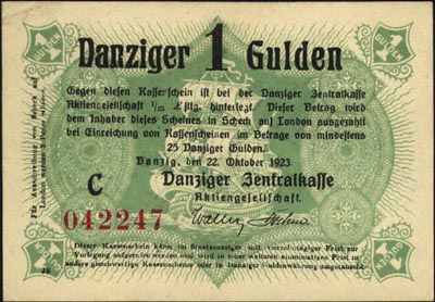 1 gulden 22.10.1923, seria C, na stronie odwrotnej nadruk: Ungültig! Nicht zugelassen im Zahlungsverkehr, Miłczak G26, rzadkie i bardzo ładnie zachowane