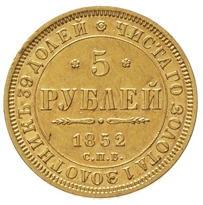 5 rubli 1852 / А-Г, Petersburg, złoto 6.53 g, Bi