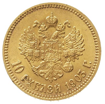 10 rubli 1903 / A-P, Petersburg, złoto 8.60 g, Kazakov 267, bardzo ładne, patyna