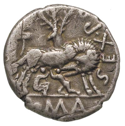 Sex. Pompeius 137 pne, denar, Aw: Głowa Romy w prawo, Rw: Wilczyca karmiąca bliźnięta, pasterz i drzewo, Craw.235.1a
