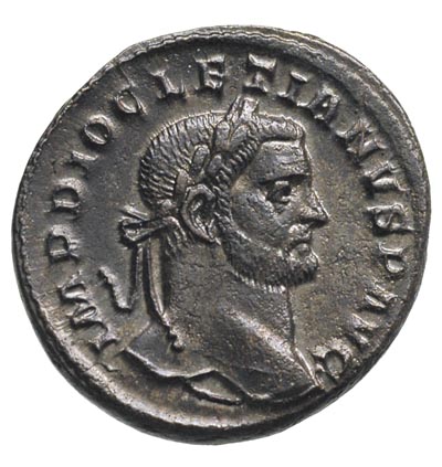 Dioklecjan 284-305, follis 296-297, Trewir, Aw: Popiersie cesarza w prawo, Rw: Geniusz z modiusem na głowie, stojący w lewo, w rękach patera i róg obfitości, RIC 183a, bardzo ładny