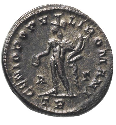 Dioklecjan 284-305, follis 296-297, Trewir, Aw: Popiersie cesarza w prawo, Rw: Geniusz z modiusem na głowie, stojący w lewo, w rękach patera i róg obfitości, RIC 183a, bardzo ładny