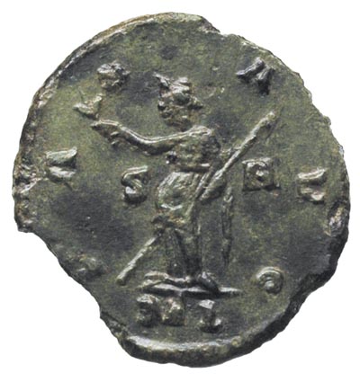 Allectus 293-296, antoninian bilonowy, Aw: Popiersie cesarza w prawo, Rw: Pax stojąca w lewo, trzymająca gałązkę oliwną i berło, w polu litery S i A, w odcinku ML, RIC 32, bardzo rzadki, zielona patyna