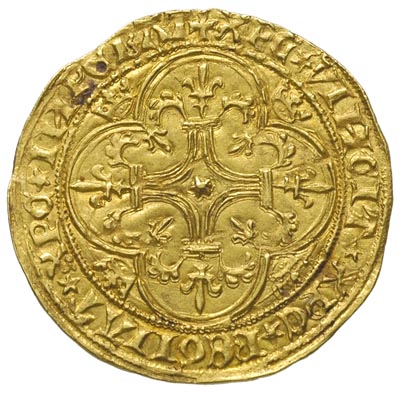 Karol VI 1380-1422, ecu d’or, Aw: Herb Francji nad nim korona, w otoku napis KAROLVS DEI GRACIA FRANCORVM REX, Rw: Krzyż utworzony z lilii wpisany w rozetę, w polu cztery korony, w otoku napis XPC VINCIT XPC REGINATXPC INPERAT, złoto 3.86 g, J. Duplessy 369, Fr. 291, ładnie zachowany