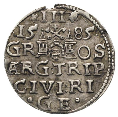 trojak 1585, Ryga, Gerbaszewski 31, minimalnie uszkodzony krążek, ale ładny egzemplarz, patyna