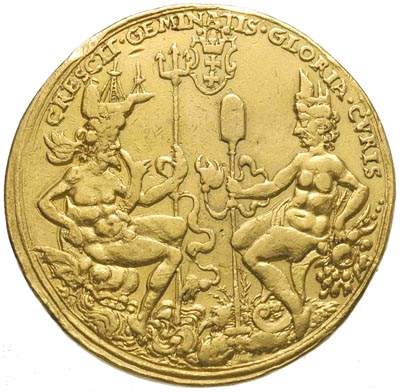 10 dukatów medalowych bez daty (1592), Gdańsk, Aw: Ukoronowane popiersie króla w prawo i napis wokoło SIGISMVND III D G REX - POL MAG DVX LIT RVSSI P, w tle punca zbioru Potockiego oraz wydrapana wartość X, Rw: Neptun z trójzębem siedzący na wielorybie i Ceres z rydlem siedząca na rogu Amaltei, u góry tarcza z herbem Gdańska i napis CRESCIT GEMINATIS GLORIA CVRIS (rośnie z podwojonych starań chwała), złoto 34.71 g, H-Cz. 7548 R5, awers Racz. 60, rewers Racz. 65, Hildebrand 12 a, Vossberg 626, medal wybity w 1592 roku z okazji wizyty króla, bardzo ładna robota medalierska, bardzo rzadki, znany z kilku zbiorów jako 10 dukatów (Potockiego, Czapskiego i Czartoryskiego), jako 7 dukatów ze zbioru Chełmińskiego i jako 5 dukatów u Vossberga POL.ET.SVE.D.PRV, lekko gięty, ale dość ładny egzemplarz