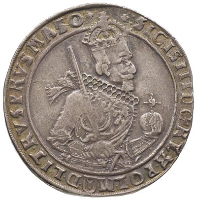 talar 1630, Bydgoszcz, odmiana z wąskim popiersiem króla z kokardą i herbem podskarbiego poniżej, srebro 28.65 g, Dav. 4315, T. 6, ciemna, nieco tęczowa patyna