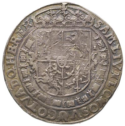 talar 1630, Bydgoszcz, odmiana z wąskim popiersiem króla z kokardą i herbem podskarbiego poniżej, srebro 28.65 g, Dav. 4315, T. 6, ciemna, nieco tęczowa patyna