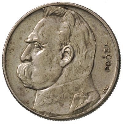 5 złotych 1934, Józef Piłsudski - Orzeł Strzelecki, na rewersie wypukły napis PRÓBA srebro 10.95 g, Parchimowicz P-146 a, wybito 100 sztuk, patyna