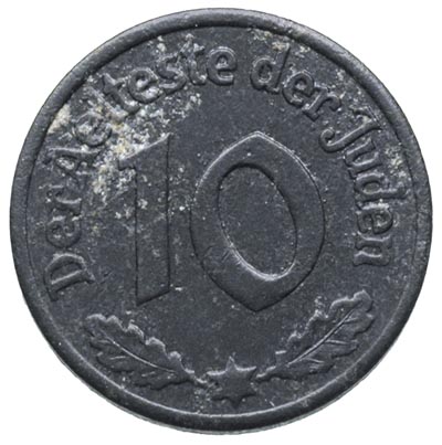 10 fenigów 1942, Łódź, aluminium magnez, Parchimowicz 13, moneta z certyfikatem G. Franquinet’a, ślady korozji
