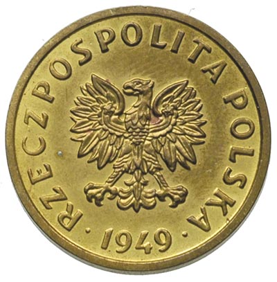 5 groszy 1949, Warszawa, na rewersie wklęsły napis PRÓBA, mosiądz 3.04 g, Parchimowicz P-203 b, wybito 100 sztuk