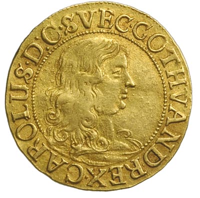 Karol XI 1660-1697, dukat 1673, Ryga, złoto 3.43 g, Ahlström 90 R, Fr. 17, moneta bardzo rzadka i ładnie zachowana
