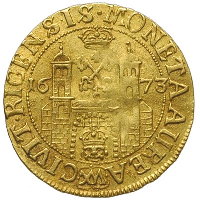 Karol XI 1660-1697, dukat 1673, Ryga, złoto 3.43 g, Ahlström 90 R, Fr. 17, moneta bardzo rzadka i ładnie zachowana