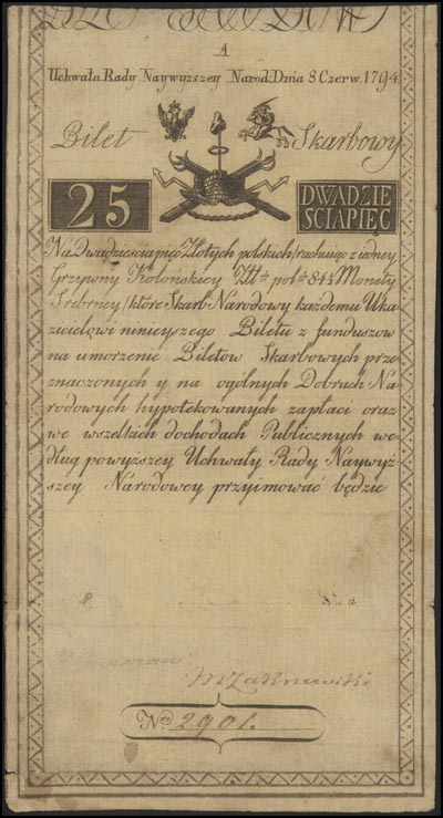 25 złotych 8.06.1794, seria A, Lucow 24 R2, Miłczak A3, widoczny firmowy znak wodny, ślady naderwań na marginesach