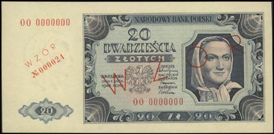 20 złotych 1.07.1948, seria OO 0000000, WZÓR z dodatkowym numerem 000024, Miłczak 137f, rzadkie