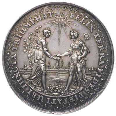 rozejm w Sztumskiej Wsi - medal autorstwa Sebastiana Dadlera i Jana Höhna sen., 1635 r., Aw: Dwie alegoryczne postacie