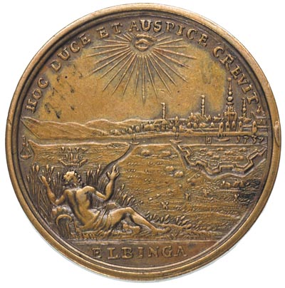 medal autorstwa P.P.Wernera wybity z okazji 500-lecia Elbląga 1737 r., Aw: Kobieta z rozpuszczonymi włosami modli się przy zapalonym ołtarzu, w tle widok miasta w otoku GRATA SIC MENTA, napis w odcinku z datą chronostychową, Rw: Bóg rzeki spogląda w kierunku ufortyfikowanego miasta, u góry napis HOC DUCE ET AUSPICE CREVIT i napis w odcinku ELBINGA, brąz 18.55 g, 36 mm, H-Cz. 2759 R2, Pfau 1015/1016