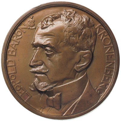 Leopold Kronenberg - medal autorstwa Jana Biernackiego 1925 r., Aw: Popiersie trzy czwarte w lewo i napis, Rw: Kobieta siedząca na postumencie i napis BANK HANDLOWY W WARSZAWIE 1875-1925, brąz 55 mm, Strzałkowski 537 R