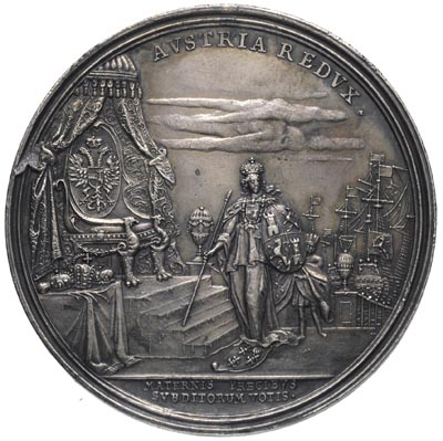 Karol VI - medal koronacyjny autorstwa medaliera wrocławskiego Jana Kittel’a 1711 r., Aw: Popiersie z profilu w prawo, na ramieniu sygn. I. K., w otoku napis CAROLVS VI ROMAN IMPERATOR.S.A., w odcinku CONSTANTIA ET FORTITUDINE/ELECTUS XII OCTOB/CORONAT XXII DECEM/MDCCXI, Rw: Austria krocząca po francuskiej tarczy na tron, powyżej napis AVSTRIA REDVX, w odcinku MATERNIS SVBDITORUM VOTIS, 42.09 g, 52 mm, F.u.S. 4221, J.u.F. 645, ciemna patyna
