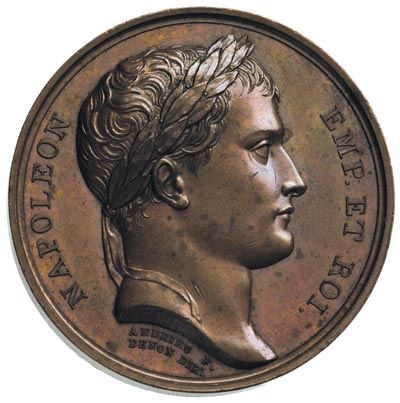 Napoleon Bonaparte - medal autorstwa Denon’a i George’a upamiętniający kampanię w latach 1806-1807 - Berlin, Warszawa i Królewiec, Aw: Popiersie w prawo i napis, Rw: Trzy ukoronowane kobiety w strojach antycznch, po bokach napis BERLIN - VARSOVIE - KOENIGSBERG, w odcinku CAMPAGNES DE MDCCCVI ET MDCCCVII, brąz 37.82 g, 40 mm, H-Cz. 4794