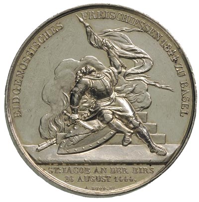 medal autorstwa A.Bovy’ego na 500-lecie Związku Strzeleckiego w Bazylei 1844 r., Aw: Upadający ranny rycerz w zbroi, Rw: Napis w poziomie, w otoku herby 9 kantonów, srebro 27.92 g, 37.5 mm, J. L. Martin 53