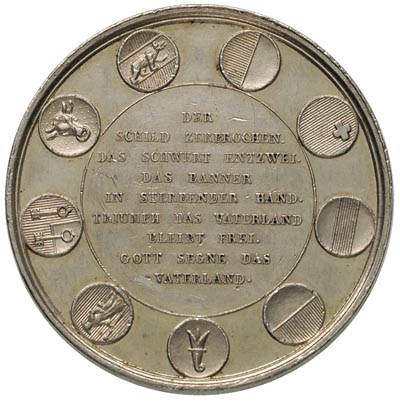 medal autorstwa A.Bovy’ego na 500-lecie Związku Strzeleckiego w Bazylei 1844 r., Aw: Upadający ranny rycerz w zbroi, Rw: Napis w poziomie, w otoku herby 9 kantonów, srebro 27.92 g, 37.5 mm, J. L. Martin 53