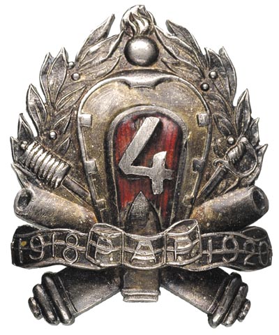 odznaka pamiątkowa 4 kujawskiego pułku artylerii lekkiej wersja wcześniejsza 1918 PAP 1920, biały metal oksydowany 43 x 35 mm, emalia, nakrętka sygnowana W. Gontarczyk