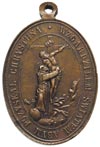 owalny medalik religijny z uszkiem, Aw: Objawienie Matki Bożej, poniżej dwie modlące się kobiety i..