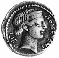 denar-L. Scribonius Libo (c. 62 r. pne) Aw: Głowa Bonusa Eventusa, z tyłu napis LIBO, przed nią BO..