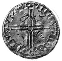 denar, Aw: Postać w aureoli na wprost, Rw: Krzyż i napis