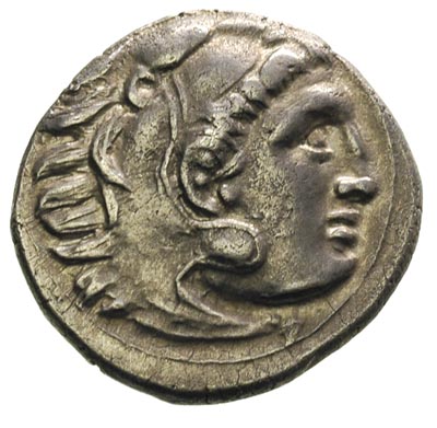 Macedonia, następcy Aleksandra III, drachma, Aw: Głowa Heraklesa w lwiej skórze, Rw: Zeus siedzący na tronie, trzymający orła i długie berło, w polu za nim ALEJANDROY przed nim i pod tronem monogramy, srebro 4.23 g, Sear 670, SNG Cop. 994, pięknie zachowana