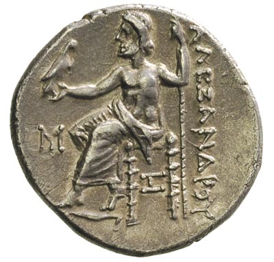 Macedonia, następcy Aleksandra III, drachma, Aw: Głowa Heraklesa w lwiej skórze, Rw: Zeus siedzący na tronie, trzymający orła i długie berło, w polu za nim ALEJANDROY przed nim i pod tronem monogramy, srebro 4.23 g, Sear 670, SNG Cop. 994, pięknie zachowana