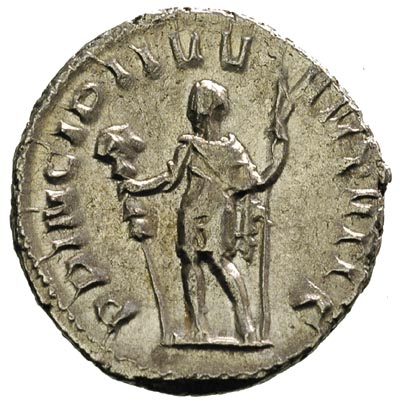 Hostylian 251, antoninian 251, Rzym, Aw: Popiersie cesarza w koronie radialnej w prawo, Rw: Cesarz stojący ze sztandarem i włócznią, napis PRINCIPI IVVENTVTIS, RIC 183e, rzadszy