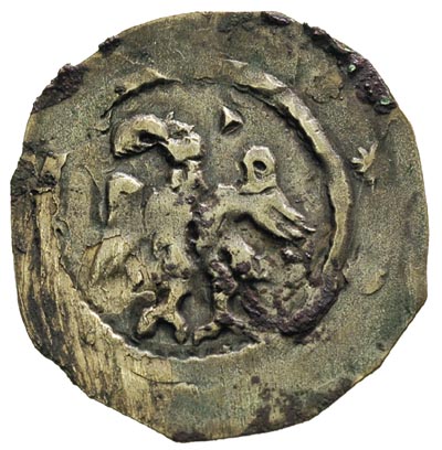 Leopold V 1177-1194, wiener fenig (denar), mennica Krems, Aw: Orzeł z podniesionymi skrzydłami zwrócony w lewo, w polu trójkąt, wokoło rozetki, Rw: Jeździec z uniesionym mieczem jadący w prawo, 0.81 g, CNA B27.c, HP IV:6a