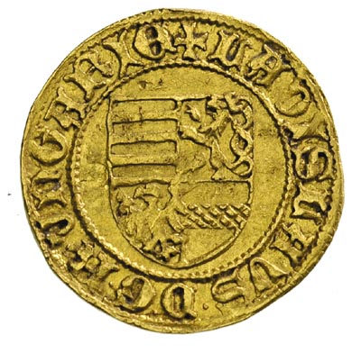 Ładysław V 1453-1457, goldgulden, Aw: Czteropolowa tarcza herbowa, Rw: Król stojący na wprost z mieczem i jabłkiem królewskim w dłoniach, w polu K-G z krzyżem, złoto 3.55 g, Huszar 636