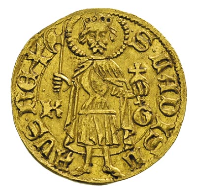 Ładysław V 1453-1457, goldgulden, Aw: Czteropolowa tarcza herbowa, Rw: Król stojący na wprost z mieczem i jabłkiem królewskim w dłoniach, w polu K-G z krzyżem, złoto 3.55 g, Huszar 636